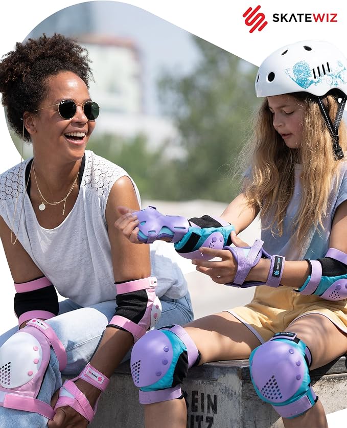 SKATEWIZ Skateboard Pads Protective Gear Set for Kids and Adults - Smash - Roller Skate Pads [6pc] with Wrist Guards - Skating Protective Gear - Roller Derby
