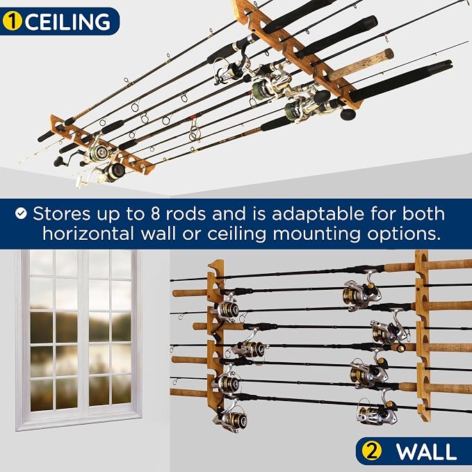 Rush Creek Creations 8 Fishing Rod Wall or Ceiling Storage Rack, Vertical or Horizontal Holder for Garage, 8 Rod and Reel Combo Capacity