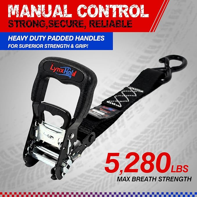 Ratchet Tie Down Straps, 5280lbs Break Strength, 1.6" x 16' Heavy Duty Ratchet Tie Down Strap Set with Padded Handles, Coated S Hook, Soft Loop for Trucks, ATV, UTV, Motorcycle, Cargo & More - Black