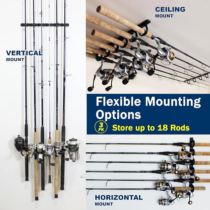Rush Creek Creations Set of 3 Adaptable 6, 12, 18, or 24-Rod Horizontal Wall-Mount Fishing Pole Holders, Ceiling or Wall Fishing Rod Racks for Garage, Fits Most 0.12" to 0.75" Diameter Rods