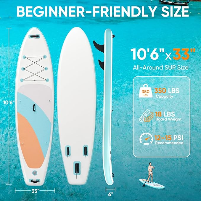 Inflatable Stand Up Paddle Board 10'6" x 33" x 6", 350 LBS Capacity Beginner-Friendly SUP Board with Paddle, Pump, Backpack, Leash, Waterproof Phone Bag and 3 Fins for Lake, Ocean or River Fun