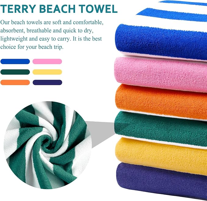 6 Packs Oversized 72x40 Inch Stripe Beach Towel Thin Terry Set XL Big Extra Large Accessories Essentials Soft Clearance Super Absorbent Pool Travel Bath Swim Camping Towels Bulk Men Women Adults Gift