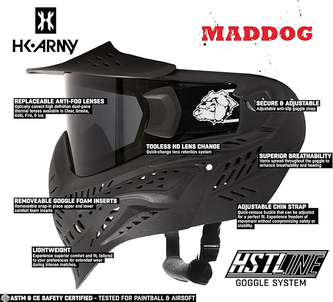 Maddog HK Army HSTL Paintball Airsoft Mask Goggle System | Replaceable Thermal Dual-Pane Anti Fog Lens | Adjustable Full-Face Safety Certified Protection