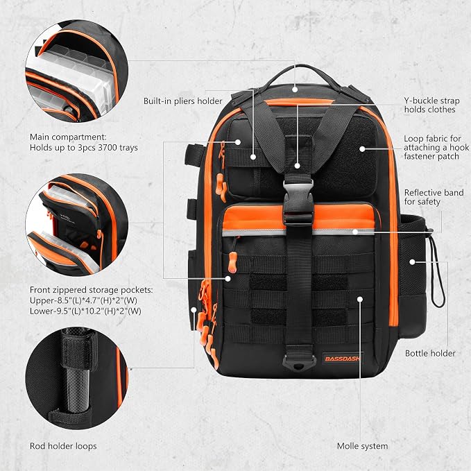 BASSDASH Convertible Fishing Backpack Sling Bag with Rod Holder, Adjustable Tactical Water-Resistant Tackle Storage Pack FP07