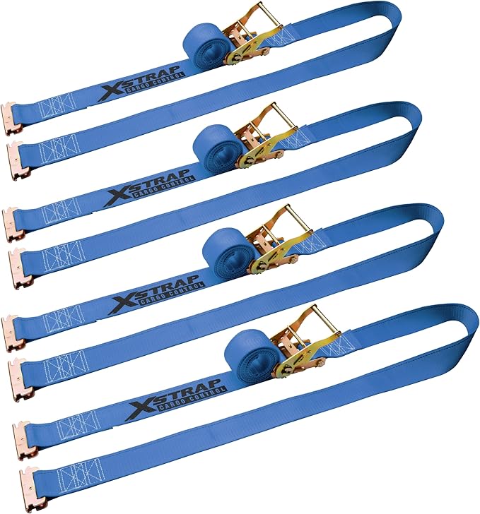 XSTRAP STANDARD 4-Pack 2" x 20' E-Track Ratchet Tie Down Straps 4,400 lbs Break Strength Heavy Duty Cargo Securement for Trailers, Trucks, Vans & Motorcycles with Spring Fittings (Blue)