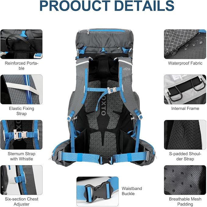 IX INOXTO 55L Internal Frame Waterproof Hiking Camping Backpack with 3L Water Bladder and Rain Cover, Large Lightweight Travel Daypack Rucksack for Climbing (Dark Gray)