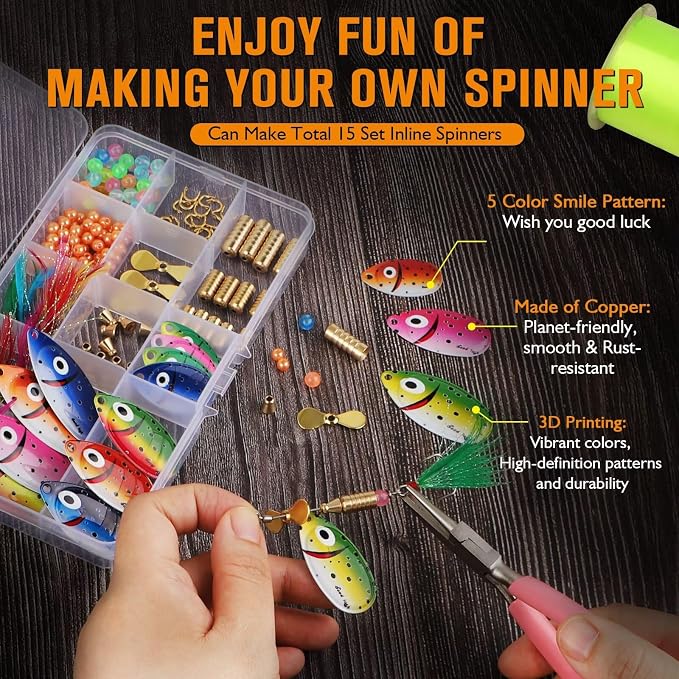Dovesun Fishing Lure Making Kit DIY Spinner Making Kit, Inline Spinner Baits for Bass Fishing Trout Salmon Freshwater Gift for Men 228pcs/155pcs/107pcs