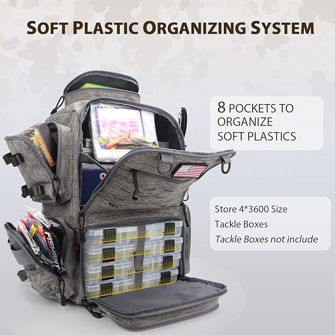 Fishing Backpack, Fishing Tackle Backpack with Rod Holders for 4 Boxes (Box Not Included) 45L Waterproof Fishing Gear, Ideal for Men and Women Tackle Box Bag (Storm Gray)