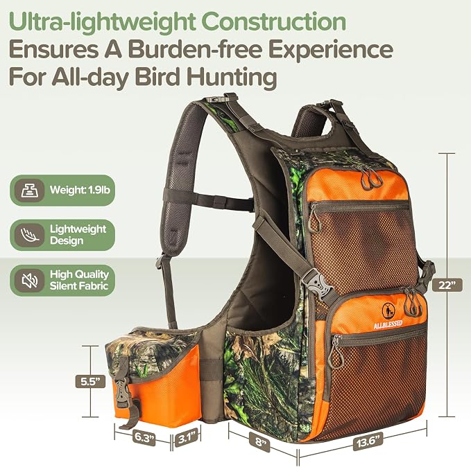 Upland Hunting Vest Backpack - Durable Orange Camo Game Vest with Multiple Pockets, Adjustable Fit, Bird Hunting Vest for Men