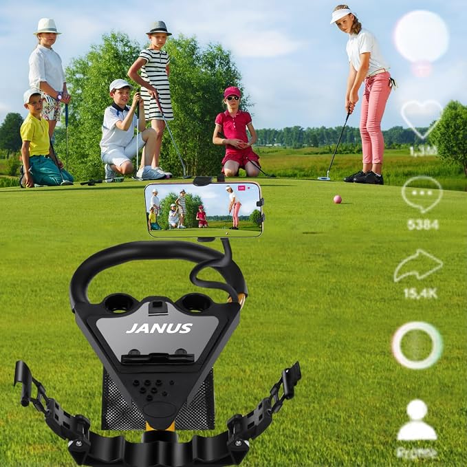 JANUS Pace Golf Push Cart with Integrated Gooseneck Viewing System, 3-Wheel Foldable Golf Cart with One-Click Folding System, EVA Wheels, Foot Brake, Cooler Bag & Golf Bag Support System
