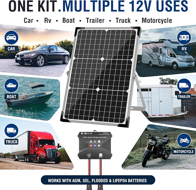Voltset 30W Solar Battery Charger - 12V Solar Panel Kit with 10A Smart Charge Controller - IP67 Waterproof Solar Trickle Charger Maintainer - Adjustable Mount Bracket for RV Boat Car Motorcycle