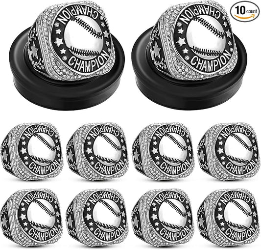 Highergo 10 Pcs Basketball Softball Baseball MVP Dancer Champion Trophy Ring with Display Stand Star Football Soccer Volleyball Golf Cheerleading Bowling Track Field