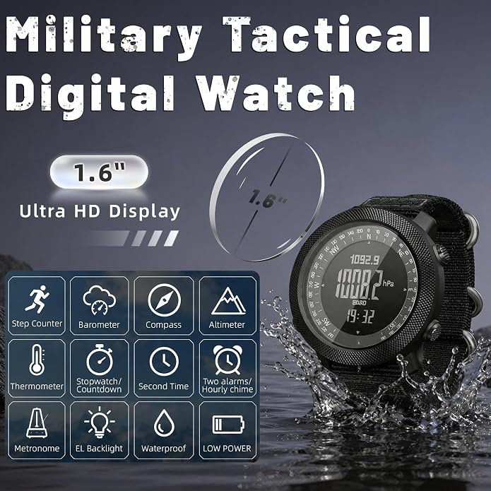 CakCity Digital Watch Military Tactical Watches for Men, 50mm Large Face Zinc Alloy Case with Breathable Double-Layer Nylon Strap, 5ATM Waterproof Shockproof, Altimeter, Barometer, Thermometer, Dual Time, Compass, Alarm, Stopwatch, Countdown