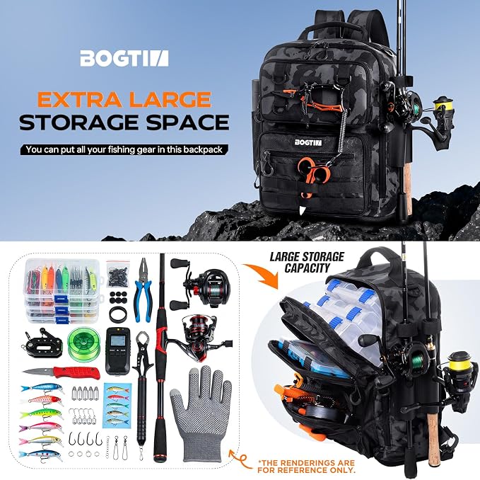 Fishing Backpack with Tackle Boxes and Rod Holders, Fishing Bag wtih Fishing Lure Kit Water-resistant Sling Tackle Bag Store Gear and Equipment, Bait Gifts for Men Woman Anglers-Green Camo Backpack