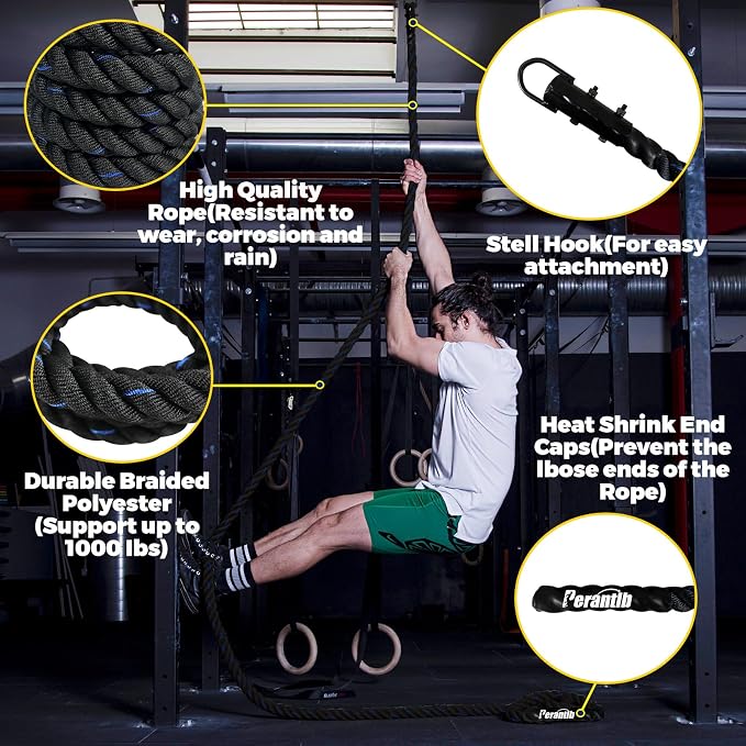 100% Polyester Climbing Rope with Hooks - Heavy Duty 1000LBS Load Capacity, 1.5inch Diameter, 10,15,20,25,30,50ft Length for Outdoor Rock Climbing, Rescue & Escape (25ft)