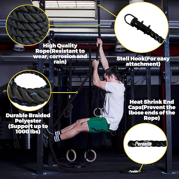 100% Polyester Climbing Rope with Hooks - Heavy Duty 1000LBS Load Capacity, 1.5inch Diameter, 10,15,20,25,30,50ft Length for Outdoor Rock Climbing, Rescue & Escape (20ft)