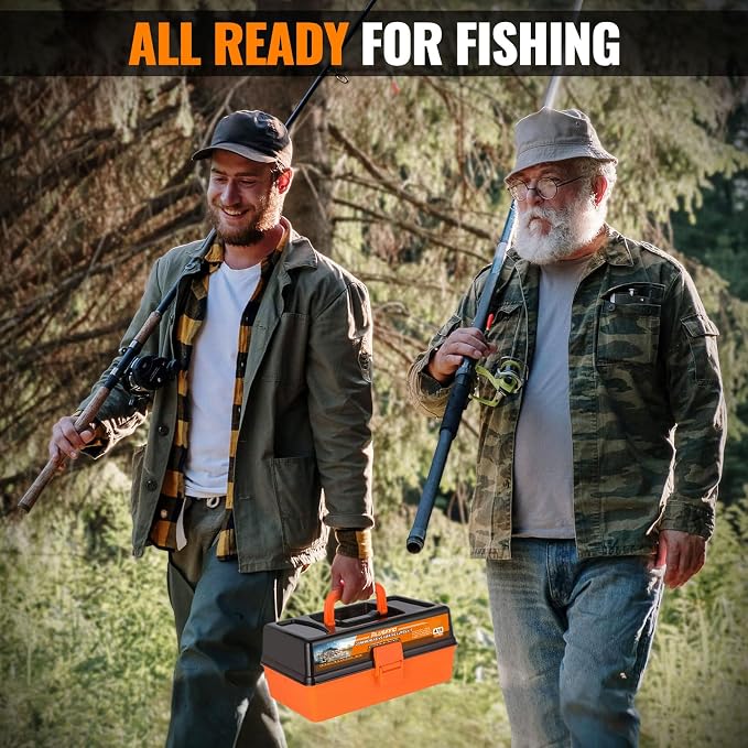 PLUSINNO Large 3 Layers Fishing Tackle Box Lures Kit with Tackle Included | Gifts for Men Kids Starter Kits, Tackle Included, Portable Fishing Gear with Pliers, Baits, Hooks, Weights Accessories