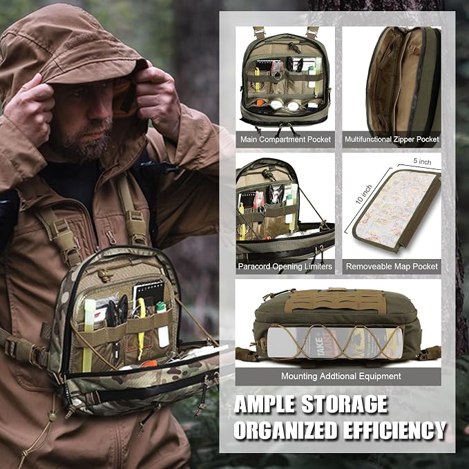 VOTAGOO GEAR Tactical Chest Rig Bag, 3L Utility Hypalon Molle Chest Rig With Map Pocket 500D Cordura Chest Bag for Hunting Workouts (Ranger Green)