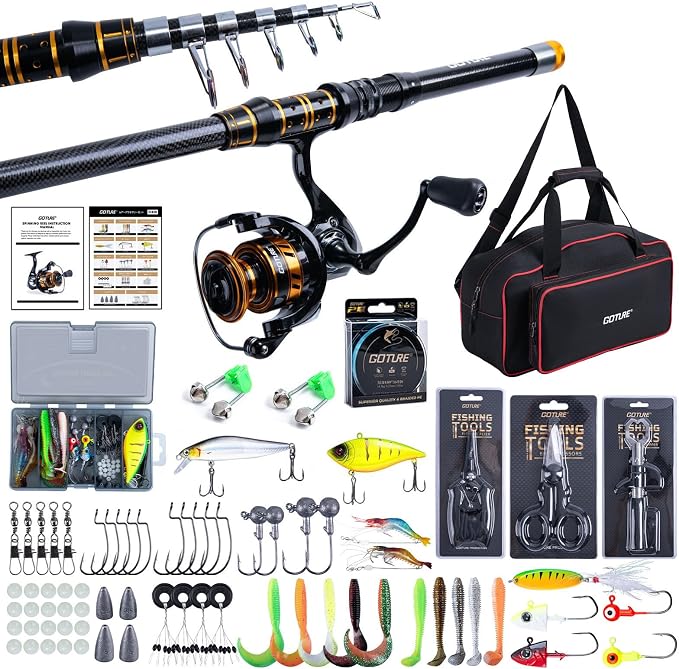 Goture Fishing Rod and Reel Combo with 900D Sling Bag/Handbag,1.8M-2.7M | Carbon Fiber Telescopic Pole,Spinning Reel,Pliers,Fish Gripper,Lures Set, for Starter Travel Saltwater Freshwater