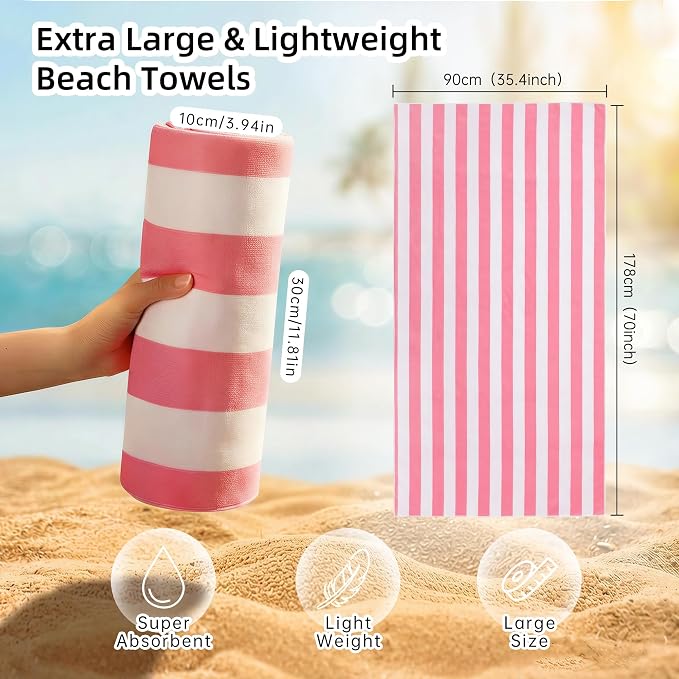JOYMOOP 3-Pack Microfiber Beach Towel Set – 70" x 35.4" Ultra-Absorbent Beach Towels Oversized, Sand-Free & Portable, Quick-Dry Cabana Stripe Towels with Travel Storage Bags (Pink & White)