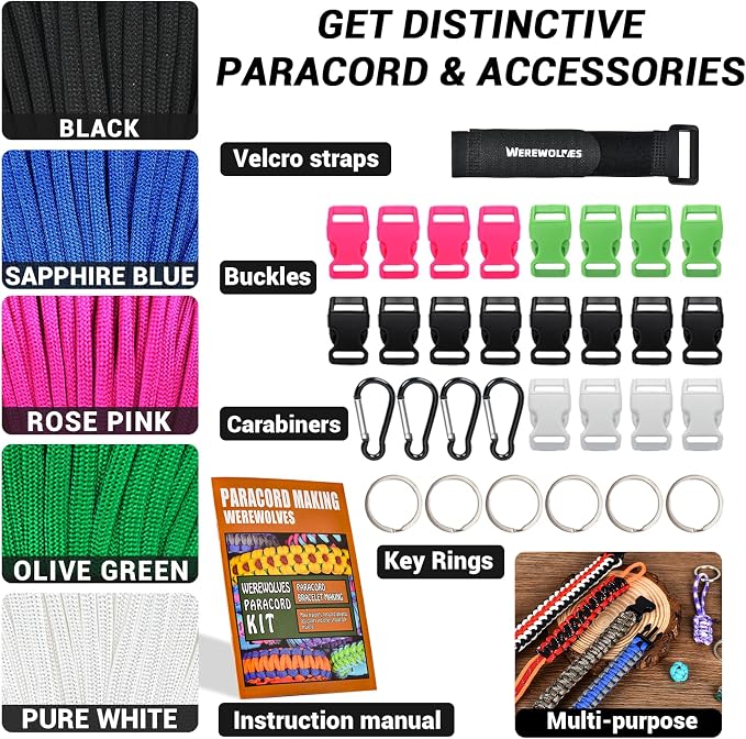 WEREWOLVES 550 Paracord Kits 100ft Each Color - 5 Colors Parachute Cord Combo 7 Strand Type III Parachute Cord 4mm for Crafting, Dog Collar, Survival Bracelets