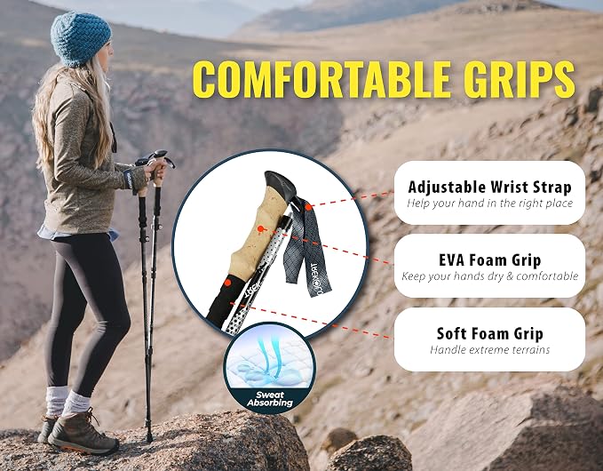 TREKOLOGY Trek-Z Collapsible Hiking & Trekking Poles -100cm-120cm (Black) Adjustable Length - Bundle with 8 pcs of Rubber Pole Tip - Perfect Set for Hikers, Backpacker - Walking Stick for Camping