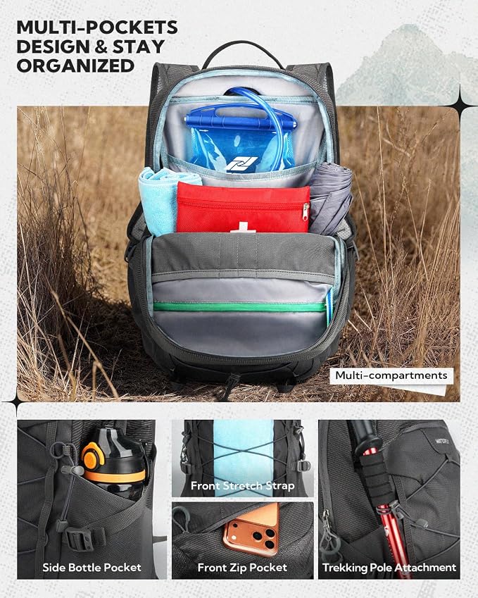 WATERFLY Small Lightweight Hiking Backpack: 20L Daypack for Women Men, Multi-Pocket, Breathable Back Panel with Chest Waist Strap, Outdoor Bag Pack for Travel Trekking Camping