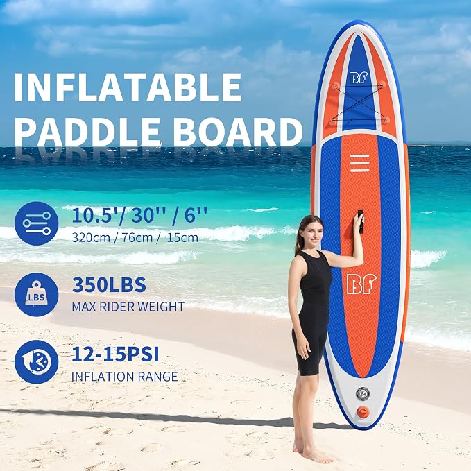 Bifanuo Inflatable Stand Up Paddle Board with SUP Accessories & Backpack. Paddle Boards for Adults. Non-Slip Deck, Wide Stance, Bottom Fin, Double Action Pump.