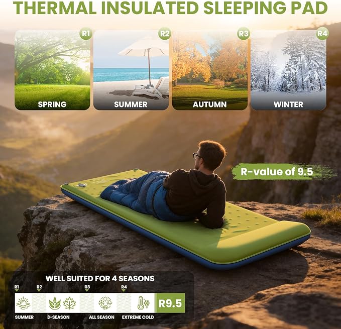 TEKIK Self Inflating Sleeping Pad, Ultra-Thick Memory Foam Sleeping Pad for Camping with Pillow, 20s Fast self Inflate&Deflate, 9.5 R-Value Insulated Camping Mattress, Suitable for Car Travel Tent