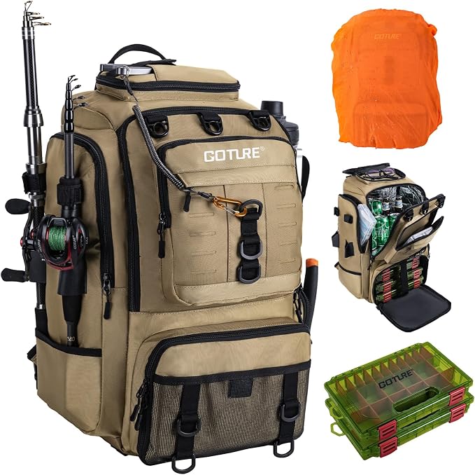 Goture 40L Large Khaki Fishing Backpack, 900D Tear-Resistant Tackle Bag with Cooler & Rain Cover & 3600 Trays, Freshwater Saltwater