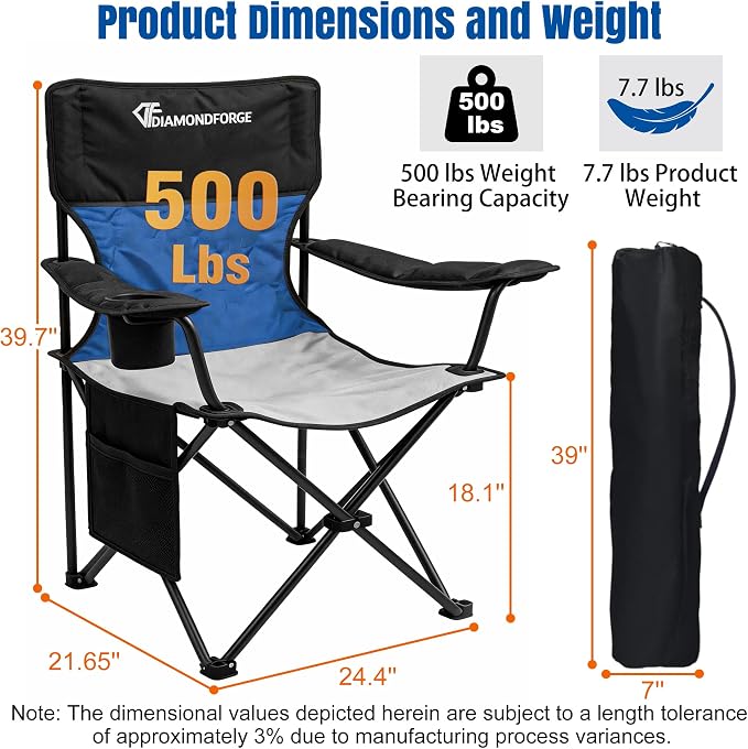 Oversized Camping Chair, 500 LBS High Back Lawn Chairs Folding (Black Blue) | Portable Outdoor Heavy Duty Folding Camping Chairs for Adults, with Cup Holder for Picnic, Lawn, Beach, Fishing and Sports