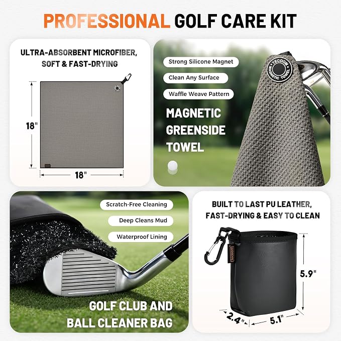 Tecoom Magnetic Golf Towel, Premium Ultra Absorbent Waffle Microfiber, Double-Stitched Edging, Strong Magnet for Golf Carts, Bags and Clubs, 18"x18" Portable Golf Accessories, Gift for Men Women