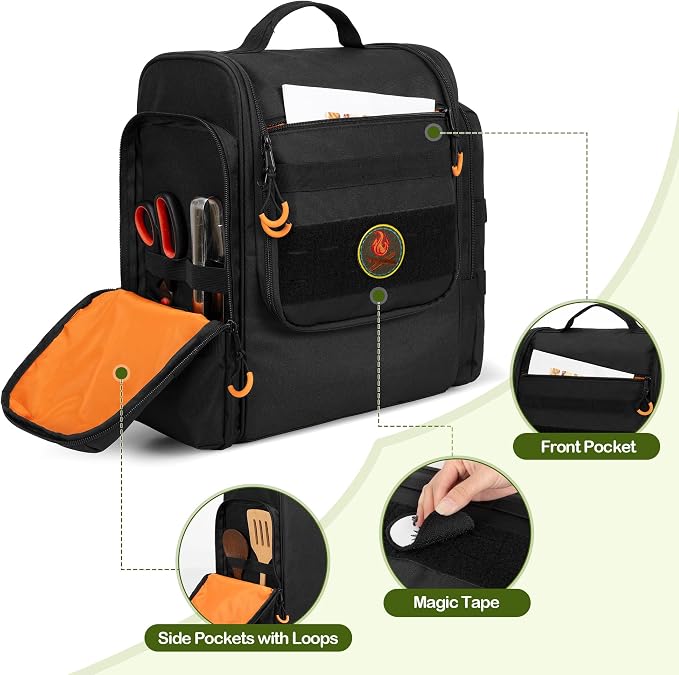 HODRANT Large Tactical Camping Kitchen Organizer, Hanging Cookware Storage Bag with Paper Towel Holder & Multi Pockets, Portable Camp Utensil Organizer for BBQ Cooking Essentials, Black, Bag Only