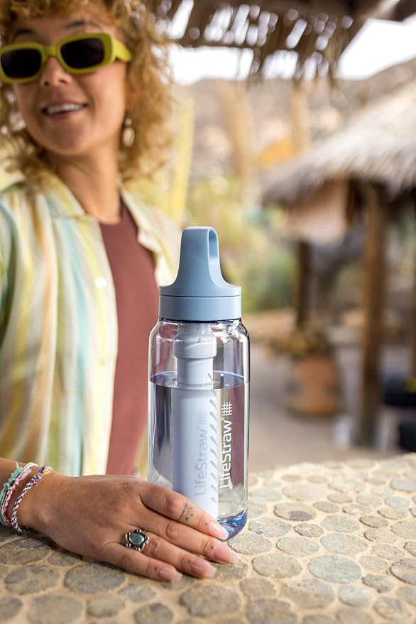LifeStraw Go Series – BPA-Free Water Filter Bottle for Travel and Everyday use removes Bacteria, parasites and microplastics, Improves Taste, 1L 2-Pack; Icelandic Blue and Aegean Sea