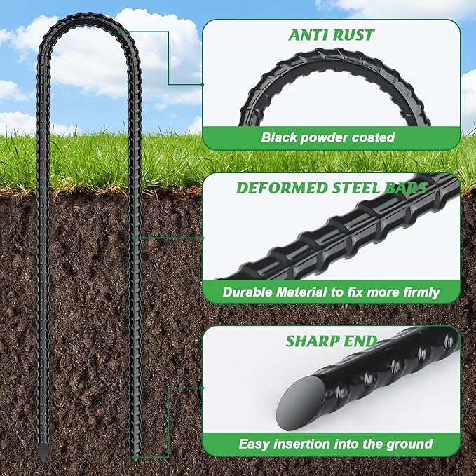 Gtongoko Trampoline Stakes Heavy Duty, 12/16 Inch U-Shaped Ground Anchors, 8mm Galvanized Steel Rebar Wind Stakes for Trampoline Safety, Anti-Rust Outdoor Stakes for Trampoline, Tent, Swing Set