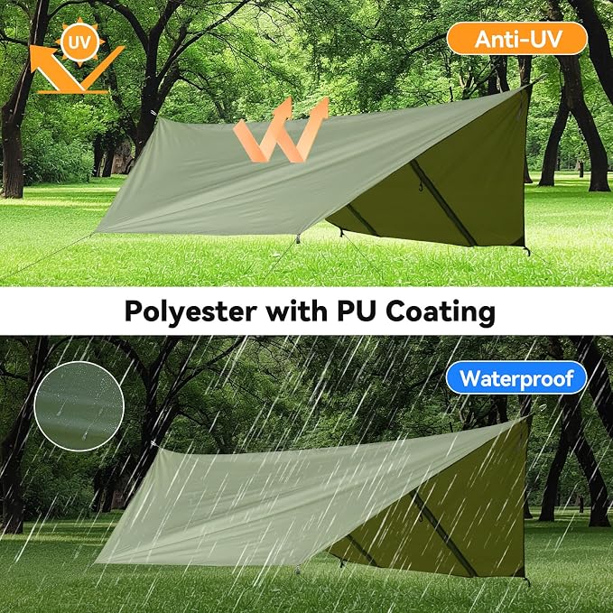 Hammock Rain Fly Tent Tarp (11x9ft) Large Ultralight Camping Tarps Waterproof Portable Backpacking Multifunctional Rain Cover for Outdoor Hiking, Picnic, Hammock, Car, Backpacking