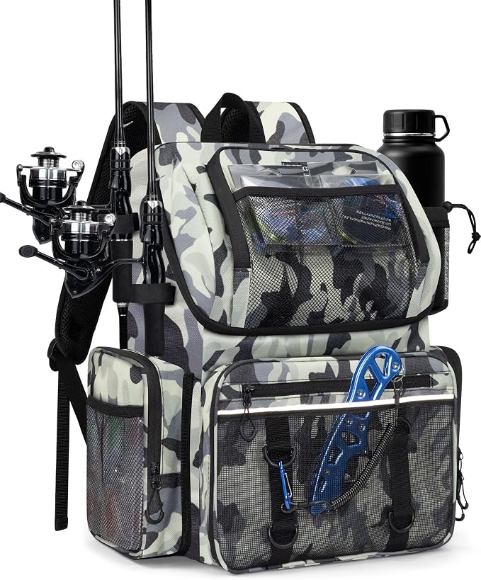 Fishing Backpack, Large Water Resistant Tackle Bag Storage Fishing Gear and Equipment, Built-in Cooler Compartment Grey