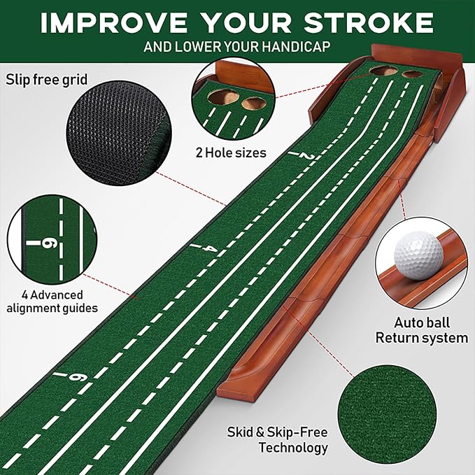 Golf Putting Mat fot Indoor, Wood Putting Green Indoor & Outdoor Training Equipment with Ball Return 8ft Practice Putting Mat, Wrinkle-Free Natural Rubber Mat, Golf Accessories for Men
