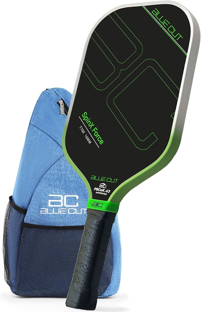Blue Cut Pickleball Paddle – USAPA Approved Pickleball Paddles Racket with T700 Carbon Fiber, 16mm Honeycomb Core, Spin Surface, Pro Power Speed & Control – Includes Carry Bag