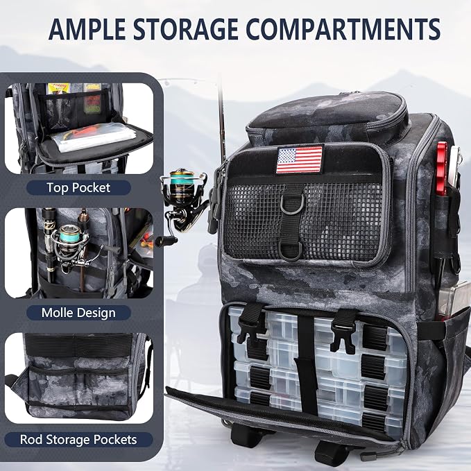 Fishing Backpack with Rod Holders, Ultimate Tackle Box Bakpack for Men, 42L Large Tackle Bag Store Fishing Gear