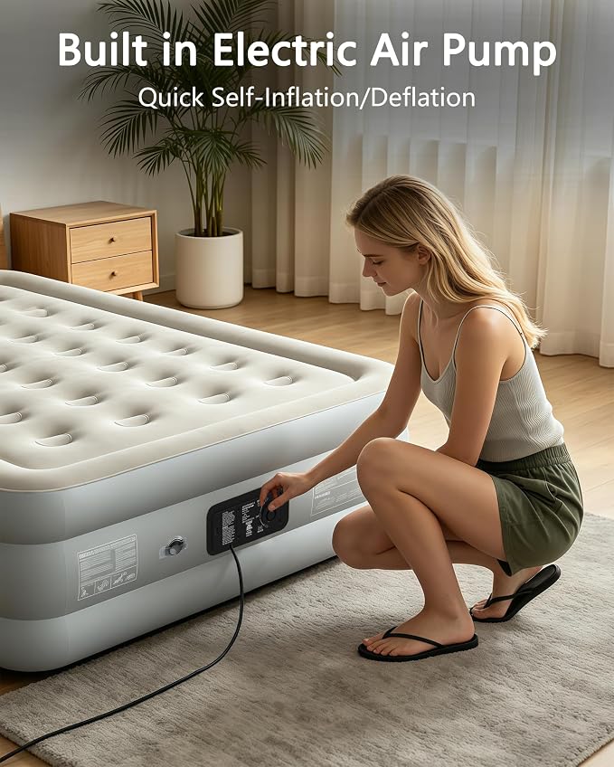 air Mattress Full with Built in Pump – 18-Inch Thickened air Bed Suitable for Camping, Home use, and Guest Accommodation, Supports Up to 600 Pounds (Light Gray, Full)