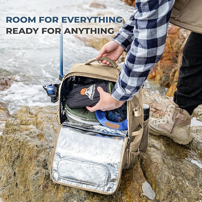 Fishing Backpack with Tackle Boxes and Rod Holders 40L; Plus Rain Cover, Padded Back Support, Insulated Front Pocket for Hot/Cold Lunch, Water Bottle Holder (Force Khaki)