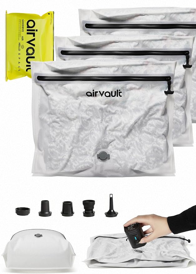 AirVault Vacuum Storage Bags for Travel with Air Pump, Waterproof Compression Packing Organizer, IPX8 Vacuum Travel Bag for Carry On Suitcase & Backpack (15L Flat, 3-Pack)
