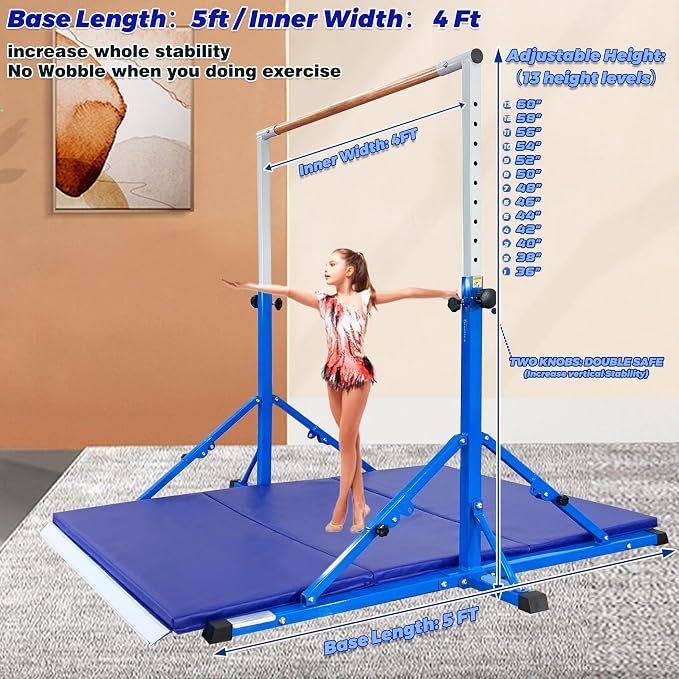 Marfula Gymnastic Bar For Kid and Teenage of 3-25, 5Ft/8 FT Base Length 4Ft Width 5Ft Adjust Height, Gymnastic Kip Bar For Gymnast, Gymnastic Training Equipment For Professional Training Home Club Use
