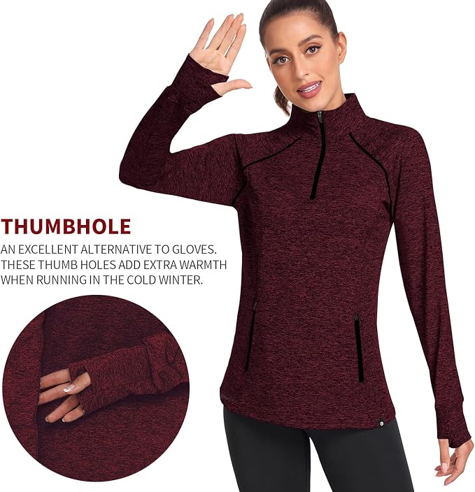 Soneven Women's Thermal Fleece Running Shirts Warm Winter Pullover Cold Weather Workout Hiking Tops with Thumb Holes Pockets