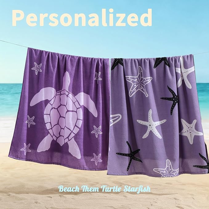 4 Pack Oversized Beach Towels 4 Pack,40”x70” Microfiber Thin Large Beach Towel Set for Adults Travel Camping Swimming,Turtle Starfish Them Sand Free Quick Dry Lightweight XL Pool Towels,Purple