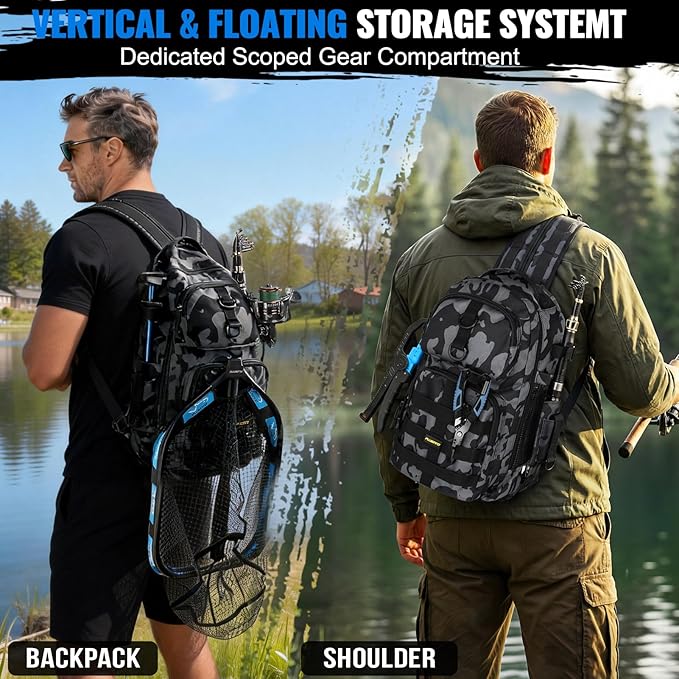 PLUSINNO Fishing Backpack with Fishing Floating Net, Fishing Gear, Tackle Boxes,Waterproof Fishing Tackle Bag, Fishing Gifts for Men