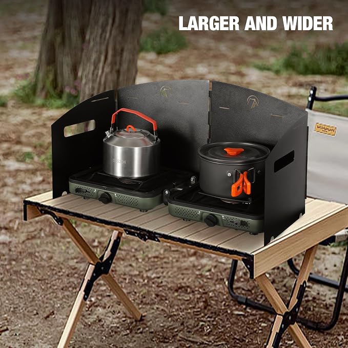 REDCAMP Portable 4 Panel Steel Camping Stove Windscreen, Foldable Windproof Outdoor Gas Stove Windshield with Storage Bag for Camping, Hiking, Backpacking, Picnic, Cooking Black