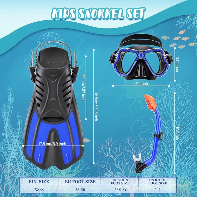 Snorkeling Gear for Kids, 4 in 1 Child Mask Fins Snorkel Set with Panoramic View Anti Fog Mask, Dry Top Snorkel, Trek Fins and Travel Bag, Kids Snorkeling Set with Fins for Snorkeling Swimming