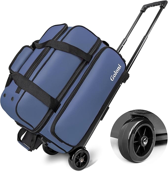 Goloni Double Roller 2 Ball Bowling Bag with Separate Shoe Compartment,2 Ball Bowling Bag with Wheels,Retractable Handle Extends to 40"